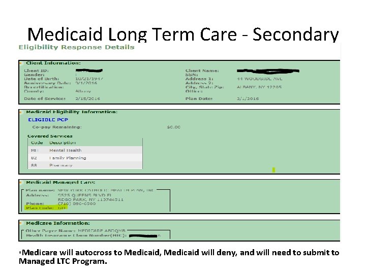 Medicaid Long Term Care - Secondary Medicare will autocross to Medicaid, Medicaid will deny,