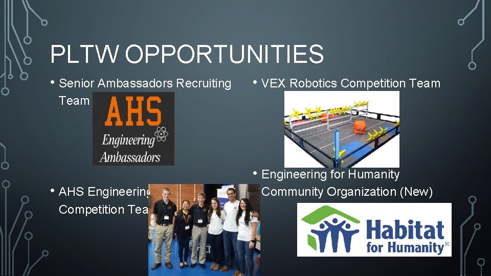 PLTW OPPORTUNITIES • Senior Ambassadors Recruiting • VEX Robotics Competition Team • Engineering for