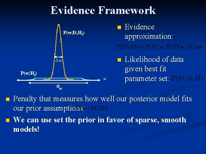 Evidence Framework P(w|D, Hi) Dw P(w|Hi) w s w n n n Evidence approximation: