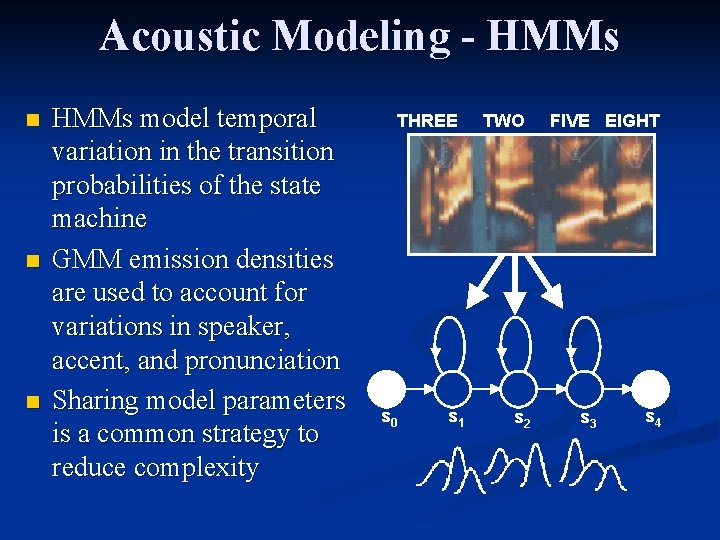 Acoustic Modeling - HMMs n n n HMMs model temporal variation in the transition