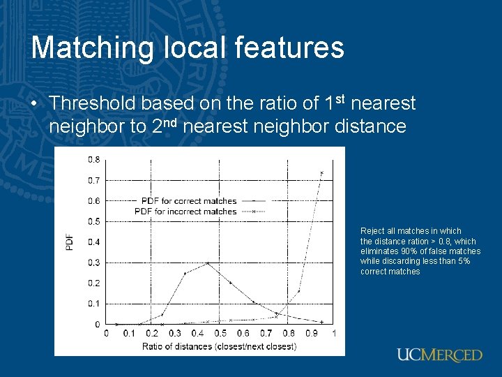 Matching local features • Threshold based on the ratio of 1 st nearest neighbor Matching local features • Threshold based on the ratio of 1 st nearest neighbor