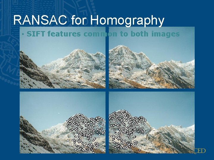 RANSAC for Homography • SIFT features common to both images RANSAC for Homography • SIFT features common to both images
