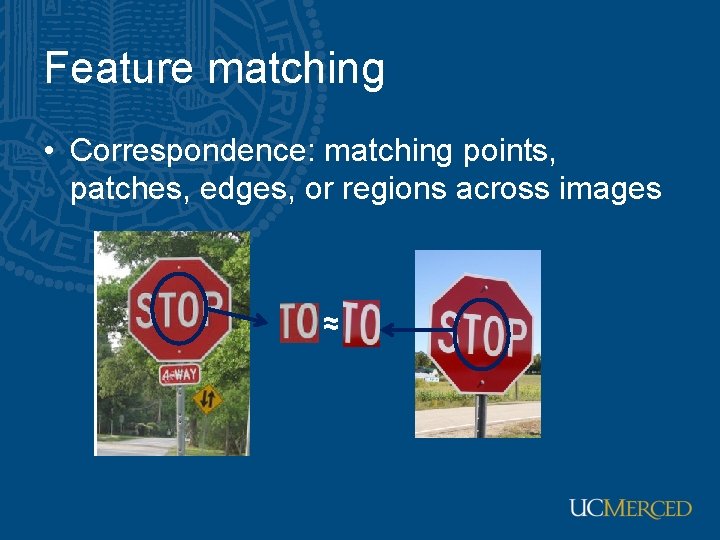 Feature matching • Correspondence: matching points, patches, edges, or regions across images ≈ Feature matching • Correspondence: matching points, patches, edges, or regions across images ≈