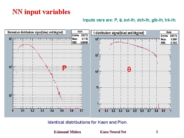 NN input variables Inputs vars are: P, , svt-lh, dch-lh, glb-lh, trk-lh. P Identical