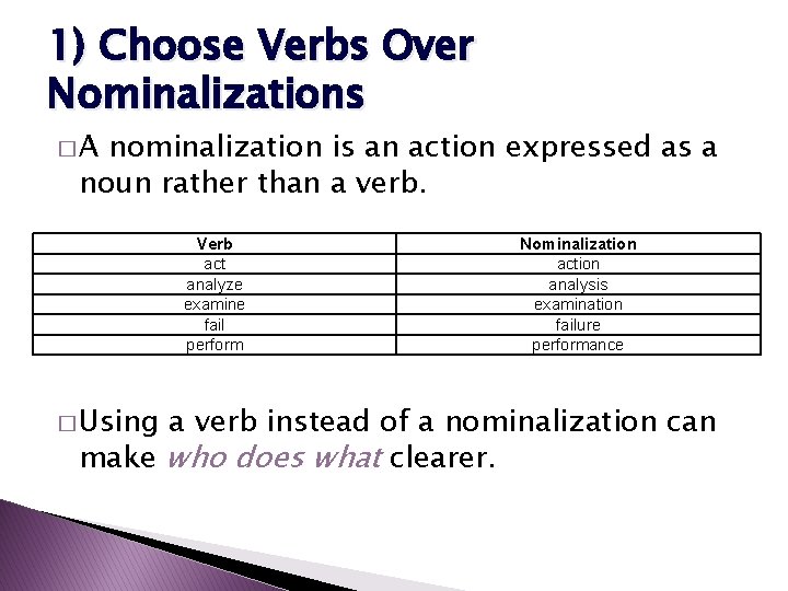 1) Choose Verbs Over Nominalizations �A nominalization is an action expressed as a noun