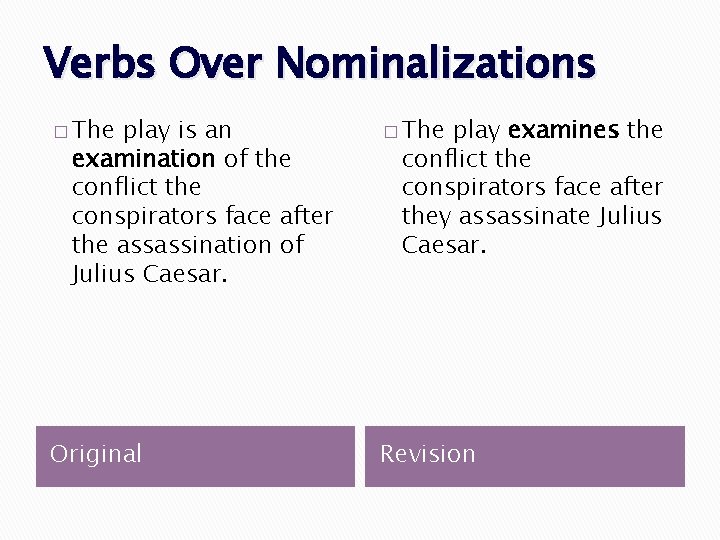 Verbs Over Nominalizations � The play is an examination of the conflict the conspirators