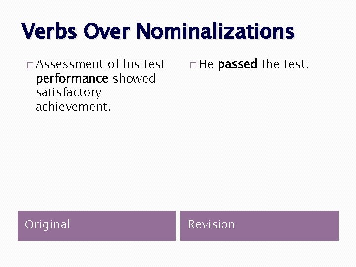 Verbs Over Nominalizations � Assessment of his test performance showed satisfactory achievement. � He