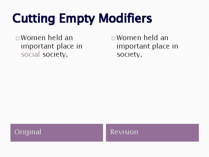Cutting Empty Modifiers � Women held an important place in social society. � Women