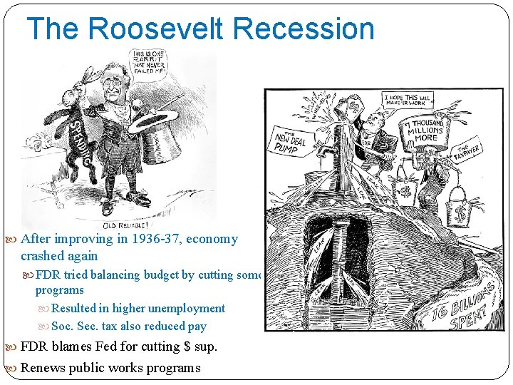 The Roosevelt Recession After improving in 1936 -37, economy crashed again FDR tried balancing