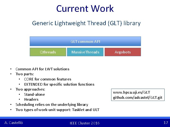 Current Work Generic Lightweight Thread (GLT) library GLT common API Qthreads Massive. Threads • Current Work Generic Lightweight Thread (GLT) library GLT common API Qthreads Massive. Threads •
