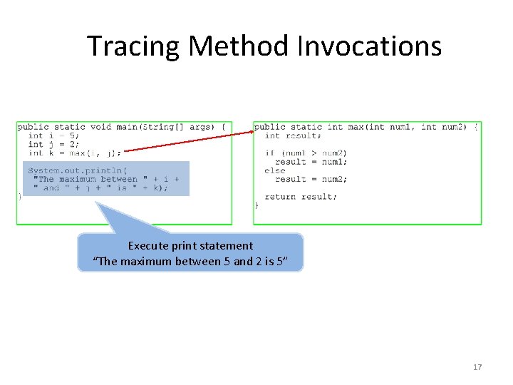 Tracing Method Invocations Execute print statement “The maximum between 5 and 2 is 5” Tracing Method Invocations Execute print statement “The maximum between 5 and 2 is 5”