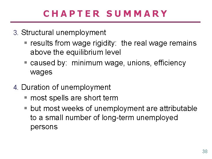 CHAPTER SUMMARY 3. Structural unemployment § results from wage rigidity: the real wage remains
