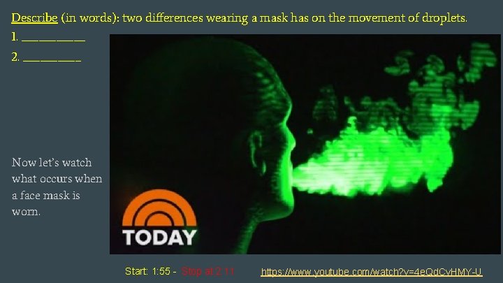 Describe (in words): two differences wearing a mask has on the movement of droplets.