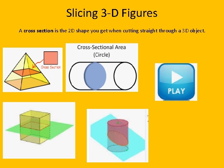 Slicing 3 -D Figures A cross section is the 2 D shape you get