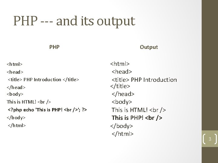 PHP --- and its output PHP <html> <head> <title> PHP Introduction </title> </head> <body>
