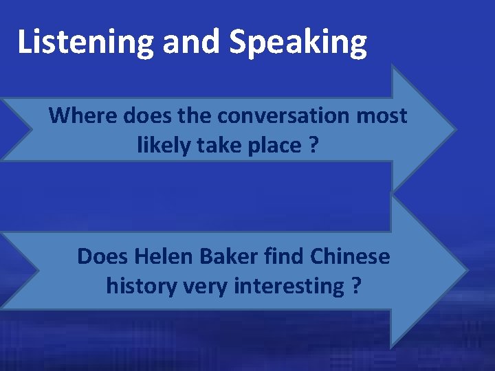 Listening and Speaking Where does the conversation most likely take place ? Does Helen