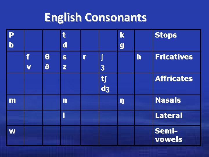 English Consonants P b t d f v θ ð s z k g