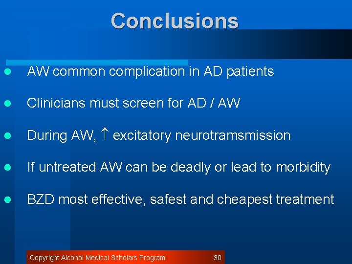 Conclusions l AW common complication in AD patients l Clinicians must screen for AD
