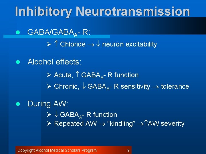 Inhibitory Neurotransmission l GABA/GABAA- R: Ø Chloride neuron excitability l Alcohol effects: Ø Acute,