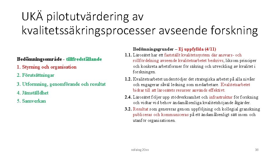 UKÄ pilotutvärdering av kvalitetssäkringsprocesser avseende forskning Bedömningsområde - tillfredställande 1. Styrning och organisation 2.