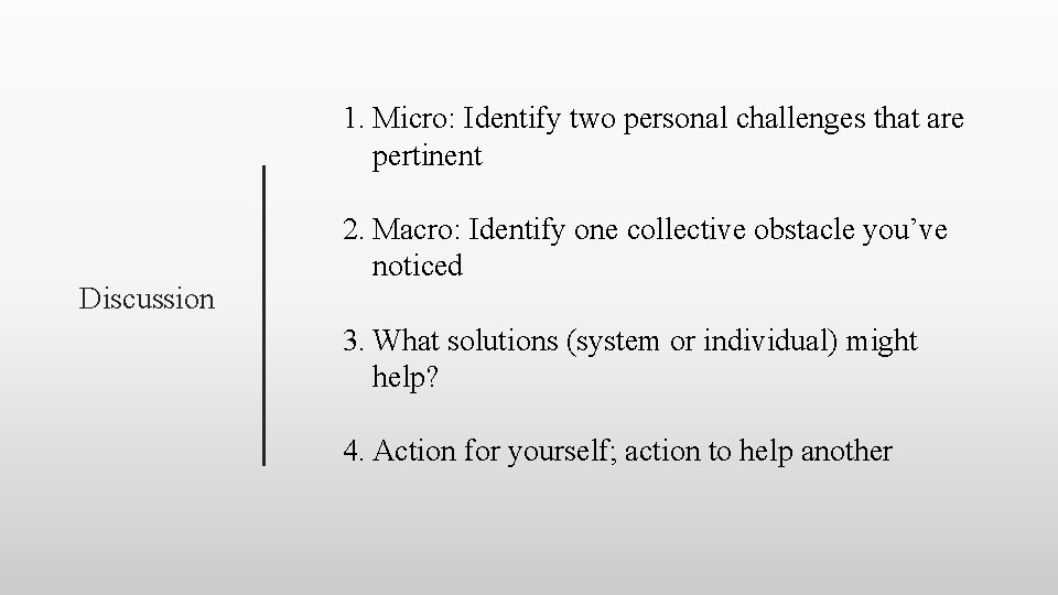1. Micro: Identify two personal challenges that are pertinent Discussion 2. Macro: Identify one