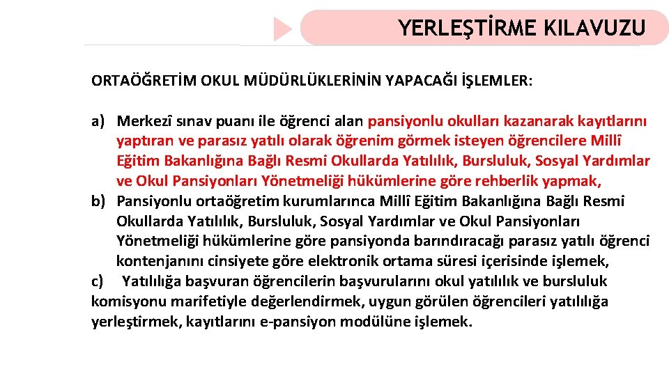 YERLEŞTİRME KILAVUZU ORTAÖĞRETİM OKUL MÜDÜRLÜKLERİNİN YAPACAĞI İŞLEMLER: a) Merkezî sınav puanı ile öğrenci alan