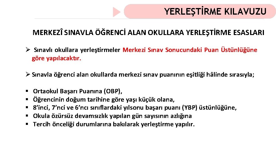 YERLEŞTİRME KILAVUZU MERKEZÎ SINAVLA ÖĞRENCİ ALAN OKULLARA YERLEŞTİRME ESASLARI Ø Sınavlı okullara yerleştirmeler Merkezi