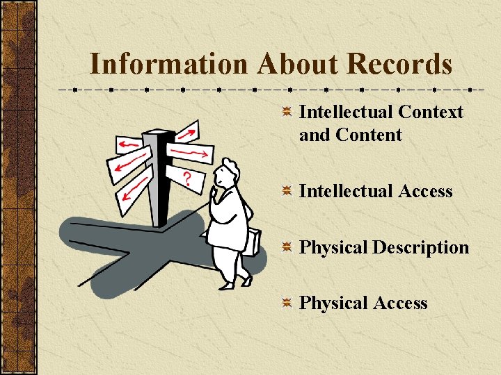 Information About Records Intellectual Context and Content Intellectual Access Physical Description Physical Access 