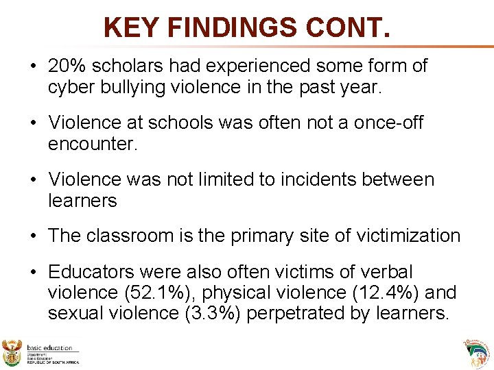 KEY FINDINGS CONT. • 20% scholars had experienced some form of cyber bullying violence KEY FINDINGS CONT. • 20% scholars had experienced some form of cyber bullying violence
