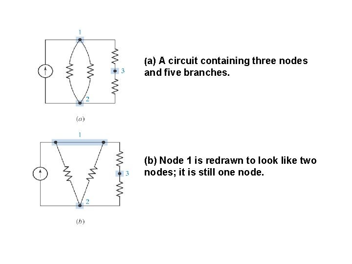 (a) A circuit containing three nodes and five branches. (b) Node 1 is redrawn