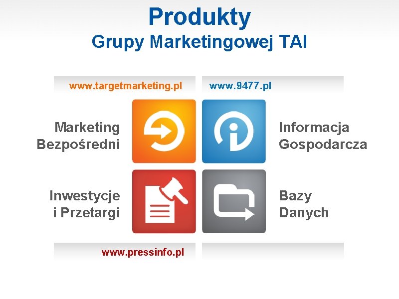 Produkty Grupy Marketingowej TAI www. targetmarketing. pl Marketing Bezpośredni Inwestycje i Przetargi www. pressinfo.