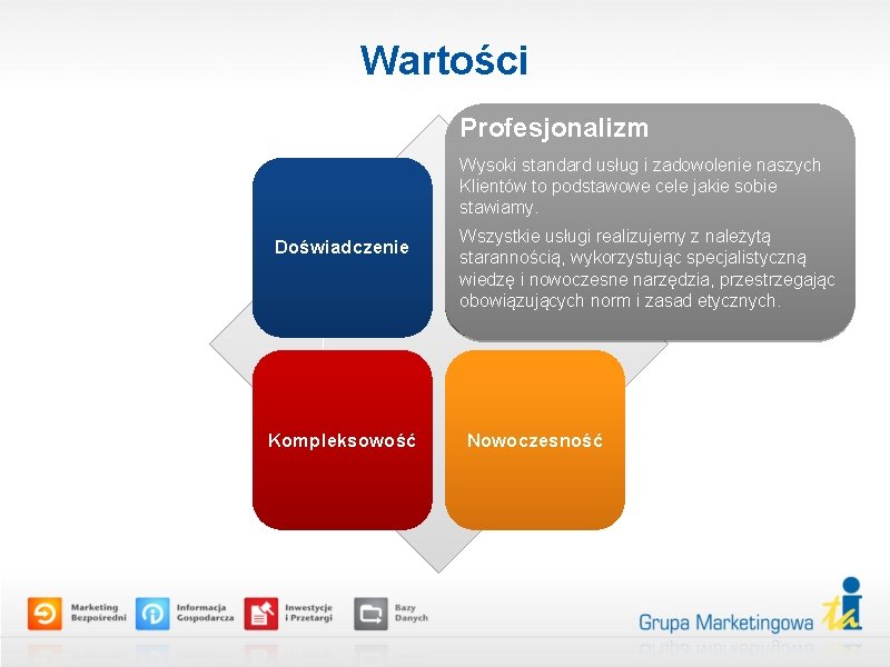 Wartości Profesjonalizm Wysoki standard usług i zadowolenie naszych Klientów to podstawowe cele jakie sobie