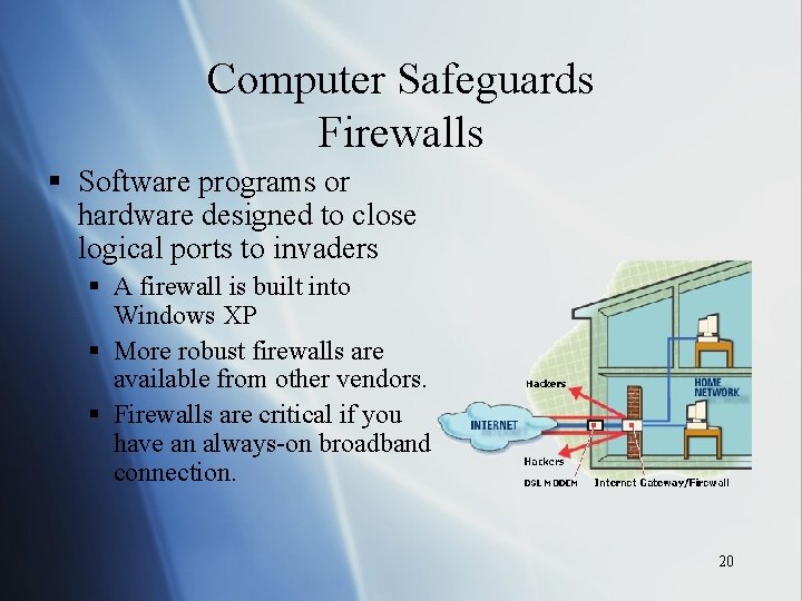 Computer Safeguards Firewalls § Software programs or hardware designed to close logical ports to