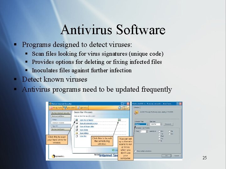 Antivirus Software § Programs designed to detect viruses: § Scan files looking for virus