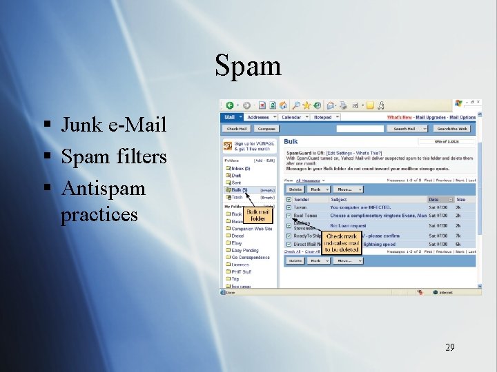 Spam § Junk e-Mail § Spam filters § Antispam practices 29 