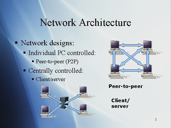 Network Architecture § Network designs: § Individual PC controlled: § Peer-to-peer (P 2 P)