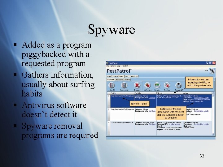 Spyware § Added as a program piggybacked with a requested program § Gathers information,