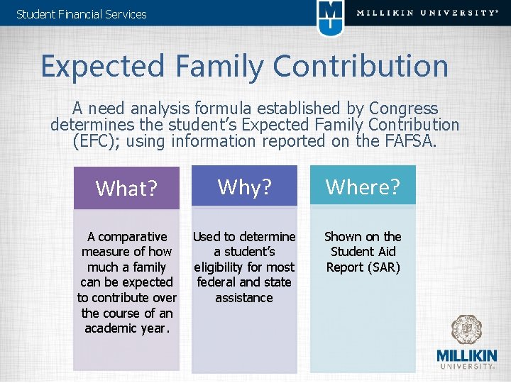 Student Financial Services Expected Family Contribution A need analysis formula established by Congress determines
