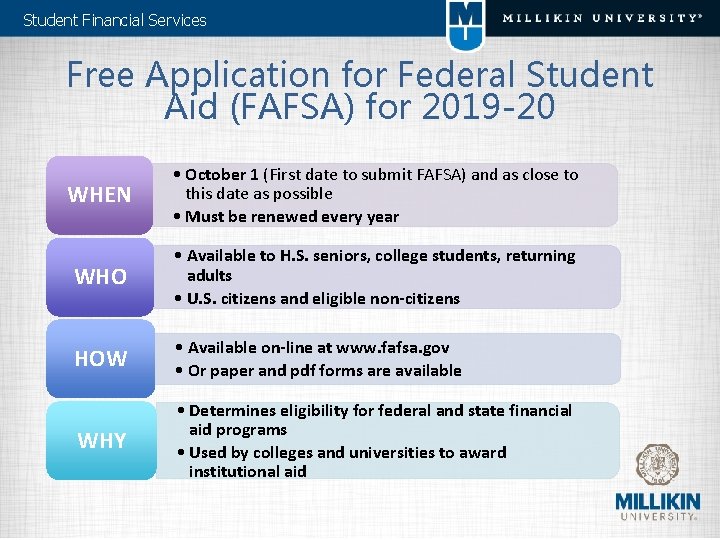 Student Financial Services Free Application for Federal Student Aid (FAFSA) for 2019 -20 WHEN