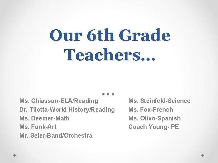 Our 6 th Grade Teachers… Ms. Chiasson-ELA/Reading Dr. Tilotta-World History/Reading Ms. Deemer-Math Ms. Funk-Art