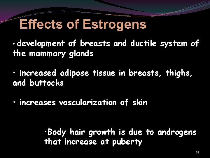 Effects of Estrogens • development of breasts and ductile system of the mammary glands