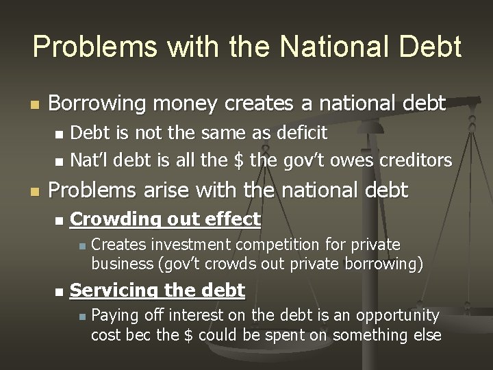 Problems with the National Debt n Borrowing money creates a national debt Debt is