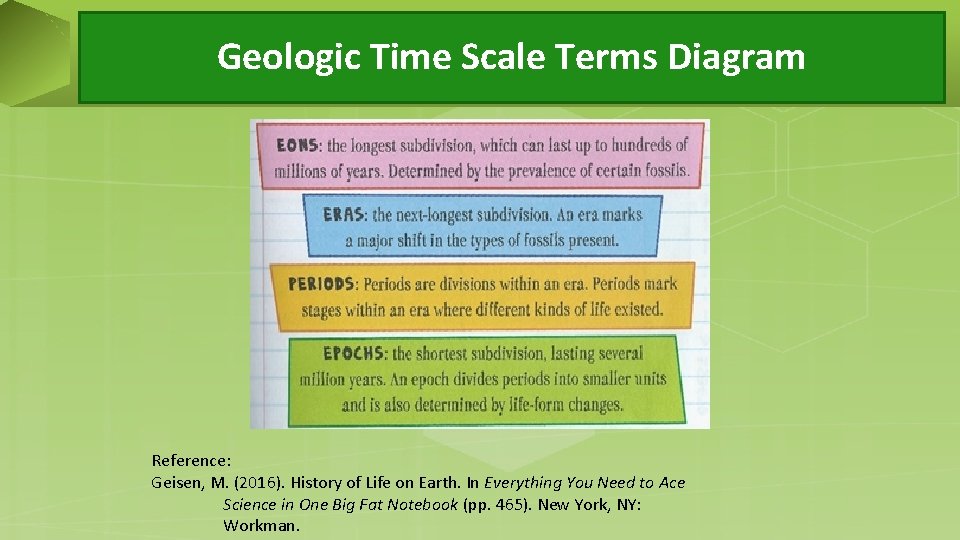 Geologic Time Scale Terms Diagram Reference: Geisen, M. (2016). History of Life on Earth.