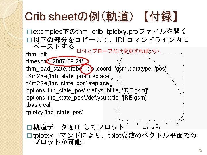 Crib sheetの例（軌道） 【付録】 � examples下のthm_crib_tplotxy. proファイルを開く � 以下の部分をコピーして、IDLコマンドライン内に ペーストする 日付とプローブだけ変更すればいい thm_init timespan, '2007 -09