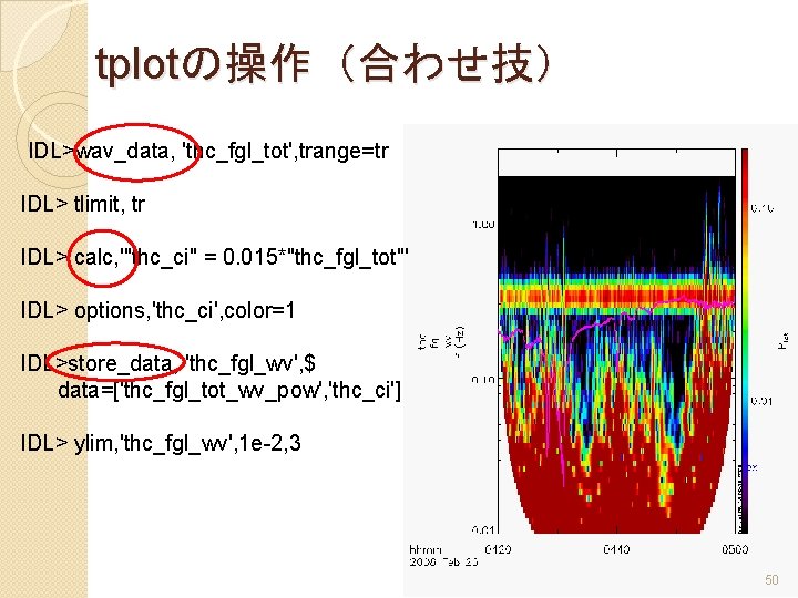 tplotの操作（合わせ技） IDL>wav_data, 'thc_fgl_tot', trange=tr IDL> tlimit, tr IDL> calc, '"thc_ci" = 0. 015*"thc_fgl_tot"' IDL>