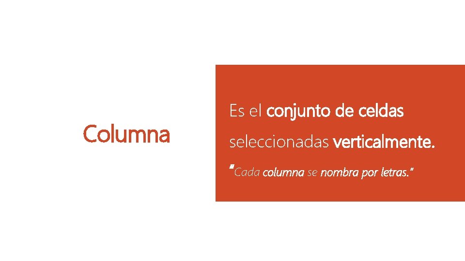 Columna Es el conjunto de celdas seleccionadas verticalmente. “Cada columna se nombra por letras.