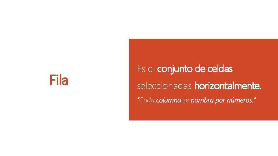 Fila Es el conjunto de celdas seleccionadas horizontalmente. “Cada columna se nombra por números.