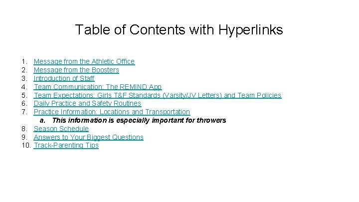 Table of Contents with Hyperlinks 1. 2. 3. 4. 5. 6. 7. Message from