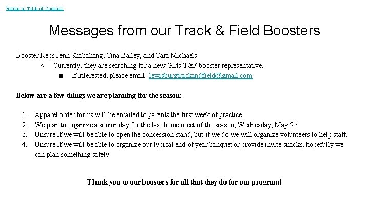 Return to Table of Contents Messages from our Track & Field Boosters Booster Reps
