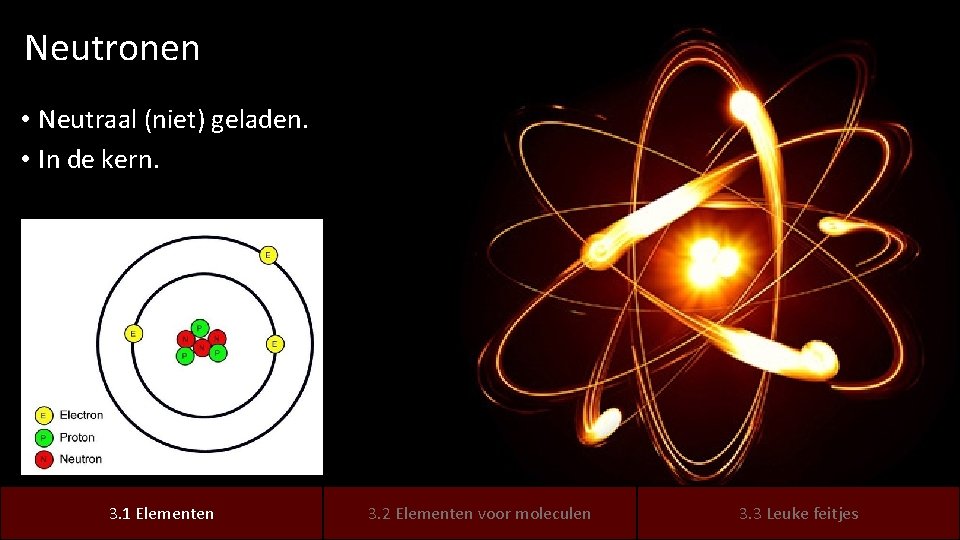 Neutronen • Neutraal (niet) geladen. • In de kern. Elementen 3. 1 elementen Elementen